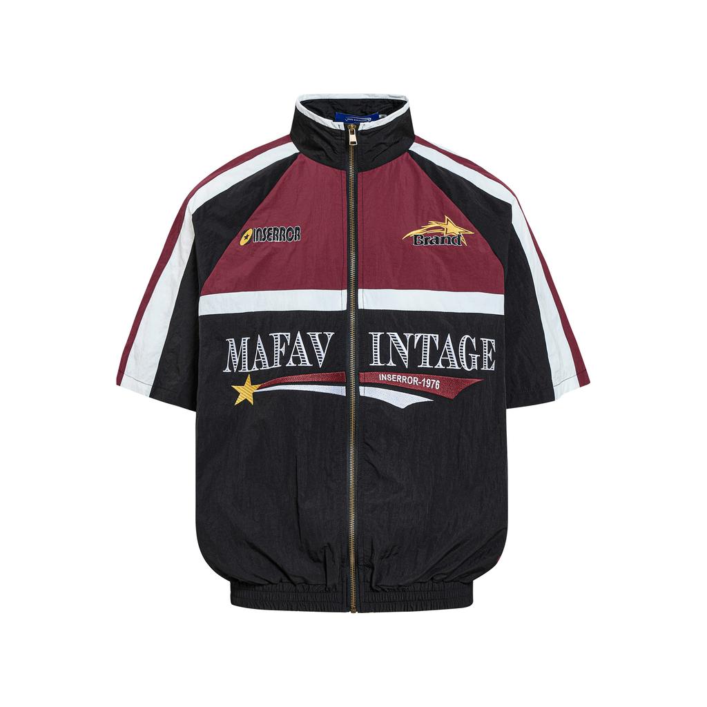 American Retro Trendy Brand Campus Style Baseball Jacket Short Sleeve Heavy Industry Embroidery Color Matching Deconstruction  Flight Jacket