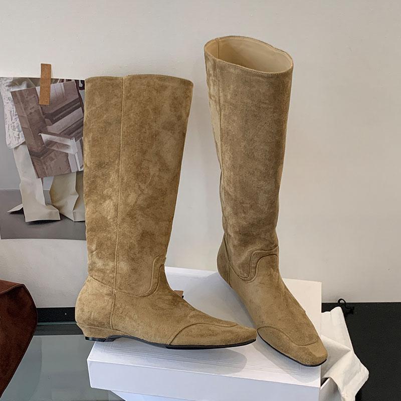 Fashion New Fashion Flock Women Knee High Western Boots With Low Heel Female Slip On Footwear Pointed Toe Ladies Long Booties Shoes