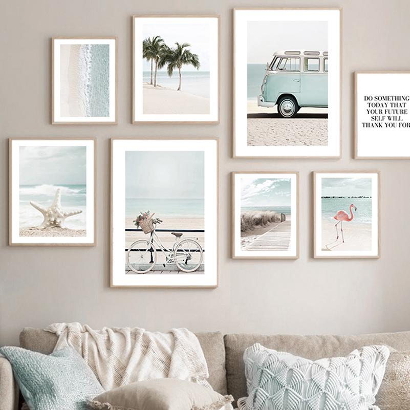 Skandinavien Strand Meer Schilf Palme Strauch Fahrrad Auto Nordic Poster und Drucke Wand Kunst Leinwand Malerei Bilder für Wohnzimmer Dekor