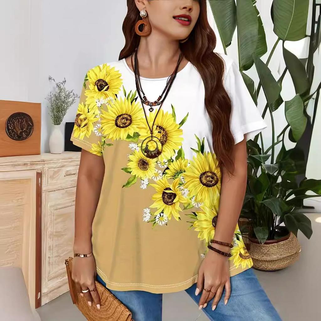 Damski T-shirt z krótkim rękawem z nadrukiem 3D roślin i kwiatów, odzież z okrągłym dekoltem, luźny T-shirt plus size
