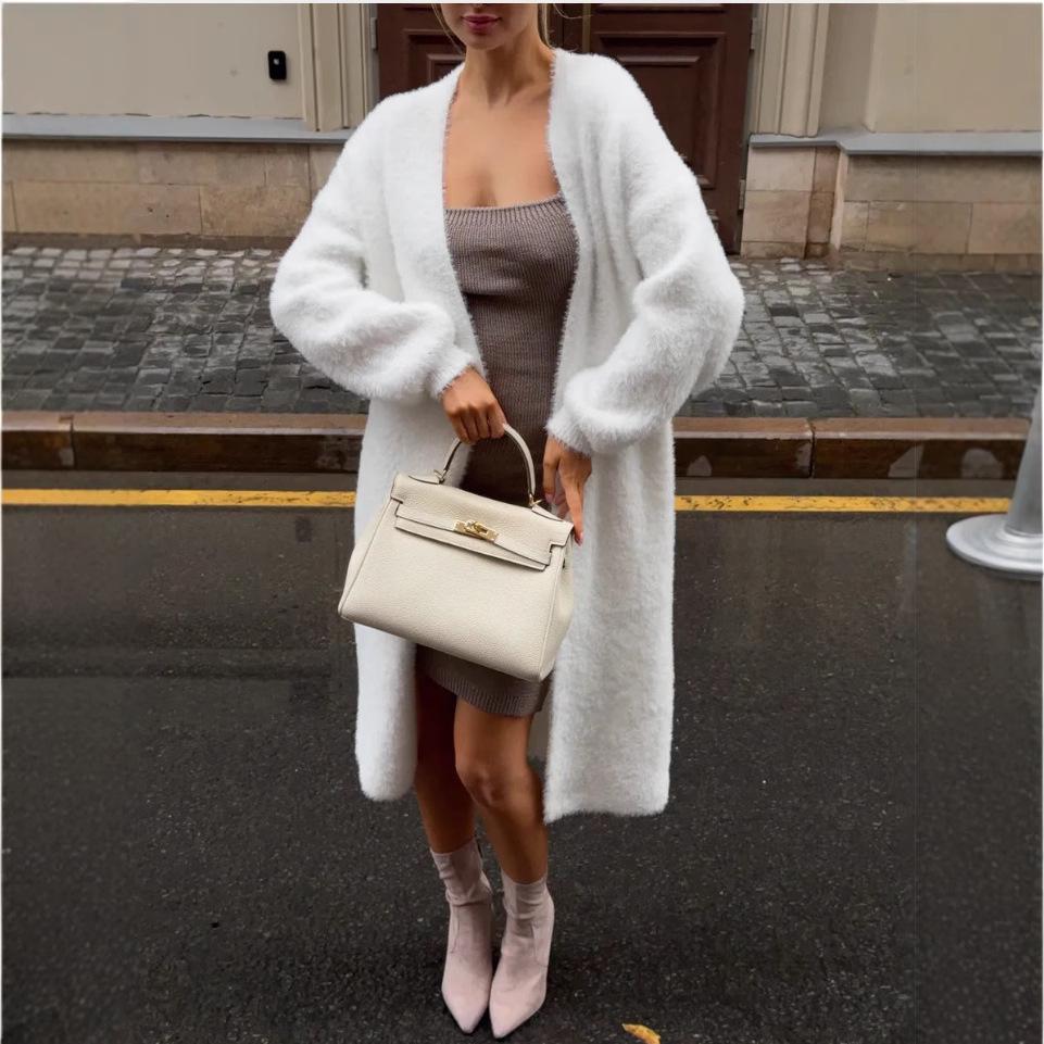 Extralanger flauschiger Nerz-Kaschmir-Cardigan - Weicher weißer Strickpullover für Herbst/Winter 2025, Übergröße verfügbar