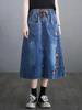 2026 Summer Women's Embroidered Denim Skirt: Elastic Waist, Mid-Length A-line, Retro Artistic Style