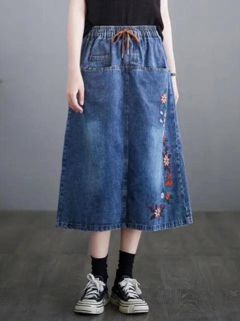 2026 Summer Women's Embroidered Denim Skirt: Elastic Waist, Mid-Length A-line, Retro Artistic Style