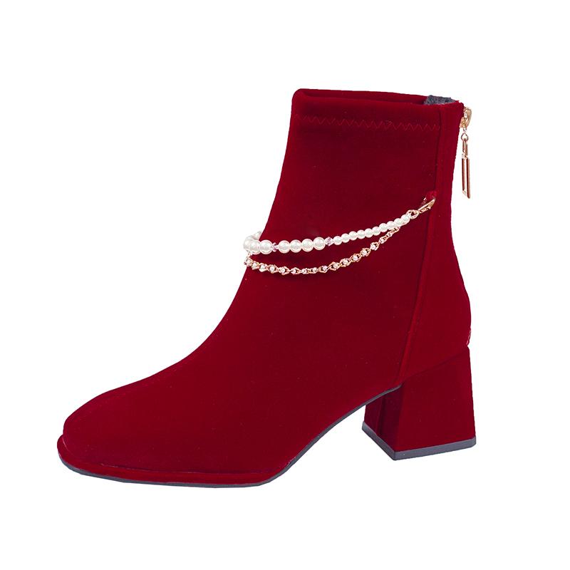 Fashion Women's Thick Heel Cotton Boots Winter New Square Head Suede Back Zipper Anti-slip Wear-resistant Short Tube Wedding Shoes