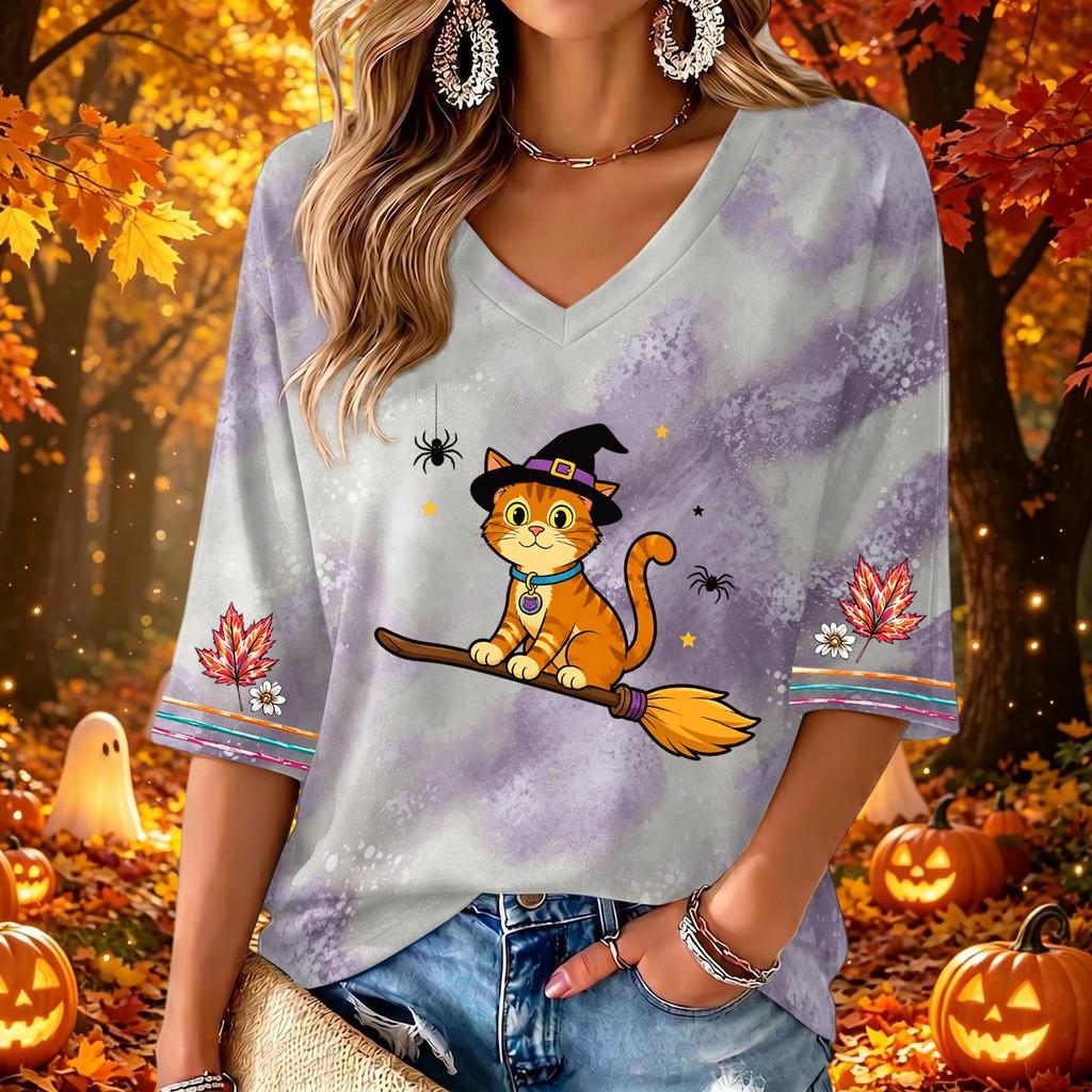 Women's Fashion V-Neck Printed 3/4 Sleeve Casual Top for Halloween