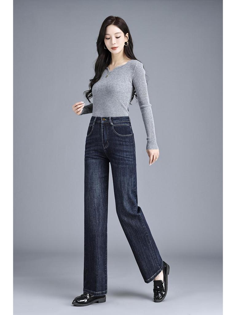 High Waist Stretch Straight Leg Plus Size Jeans for Middle-Aged Women, Slim Fit, Wide Leg, Mom Pants, Autumn/Winter 2025