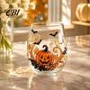 Clear Glassware for Kitchen Halloween Artisan Glassware, Stemless Drinking Glasses with Raised Pumpkin Ghost Black Cat Web Restaurant Grade Glass Cup