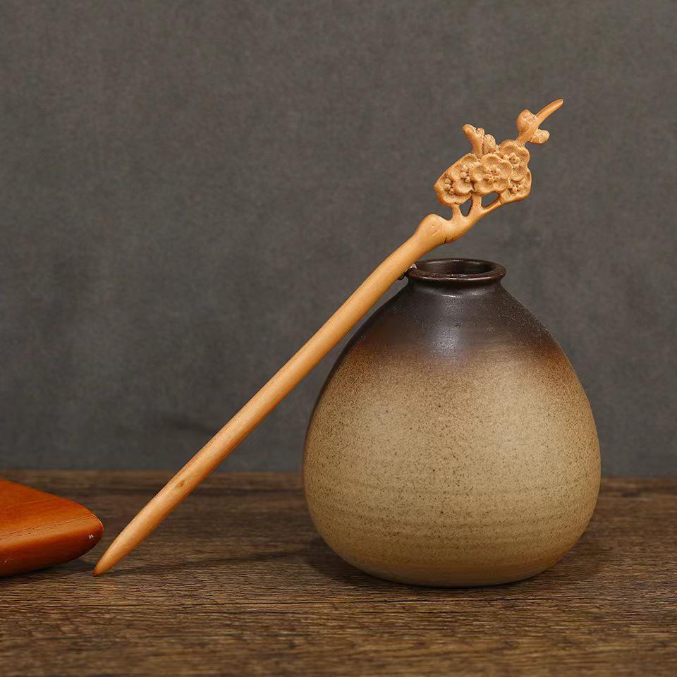 Peach Wood Double-Sided Carved Hairpin for Qipao Hanfu Updo - Ancient Style Accessory