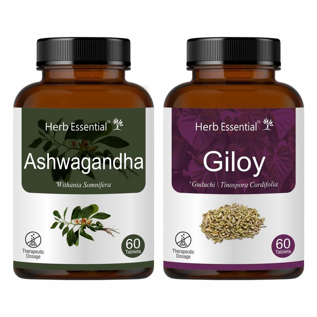 Herb Essential Ashwagandha & Giloy Tablets 500mg, Pack of 2 (Each 60 Tabs)