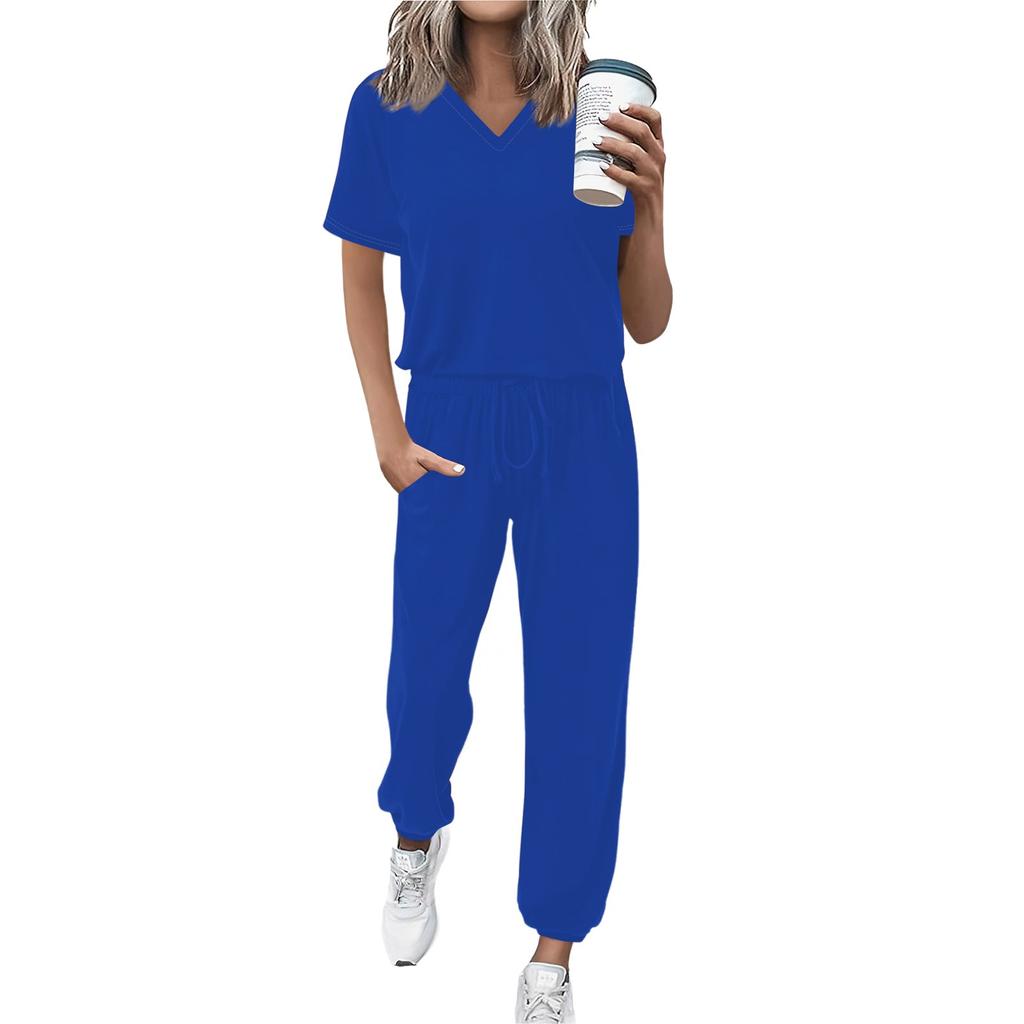 Women's Jogging Fashion V-Neck Color Short Sleeve Belt Loose Pants Tracksuit