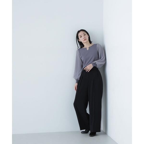Natural Beauty Basic Tulle Pleated Sleeve Knit Charcoal Women's Sweater,
