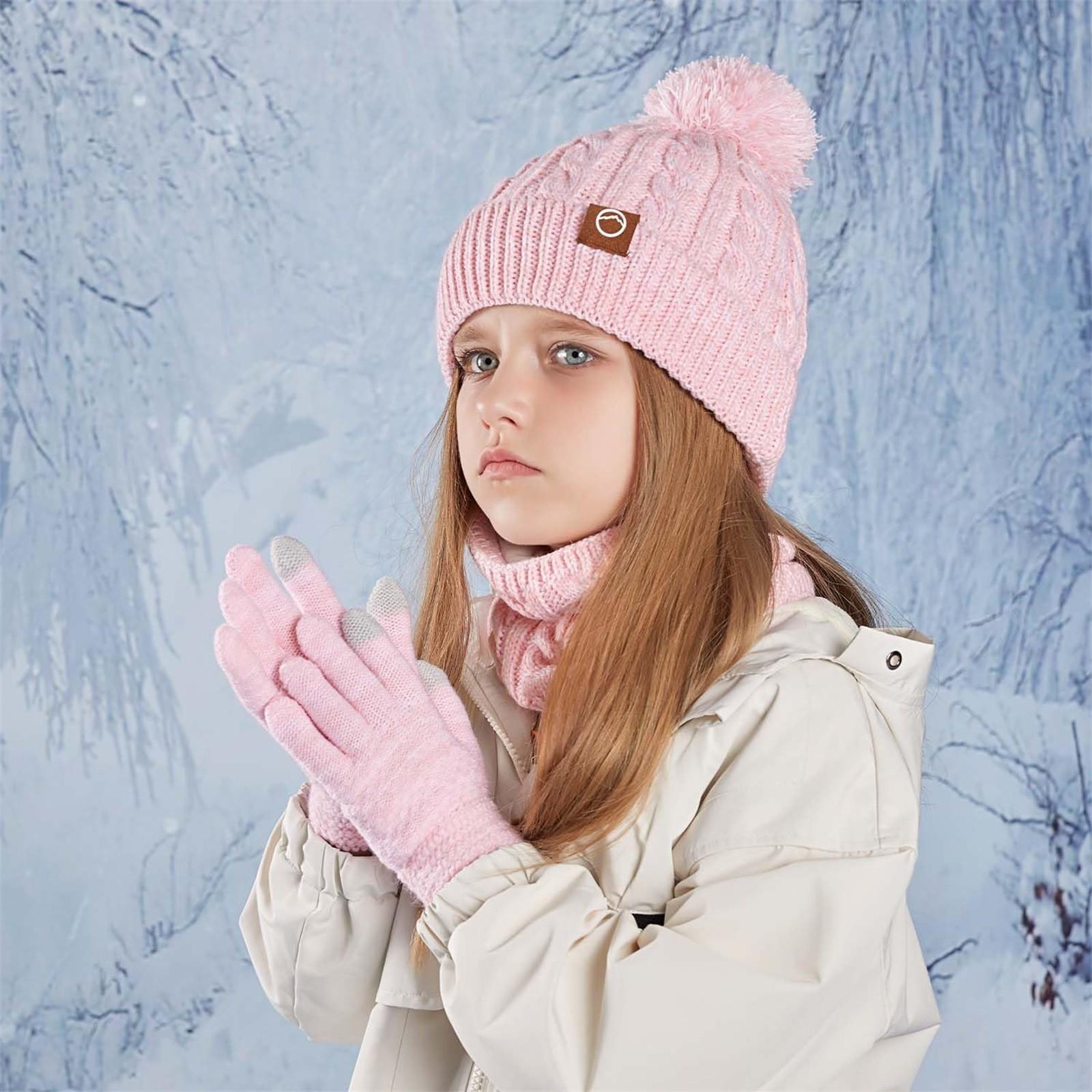 

Детский зимний комплект из шапки, перчаток, шарфа, для девочек и мальчиков, комплект из помпонов, шапок, перчаток, вязаный комплект с толстой флисовой подкладкой для 4-10 детей One Size розовый