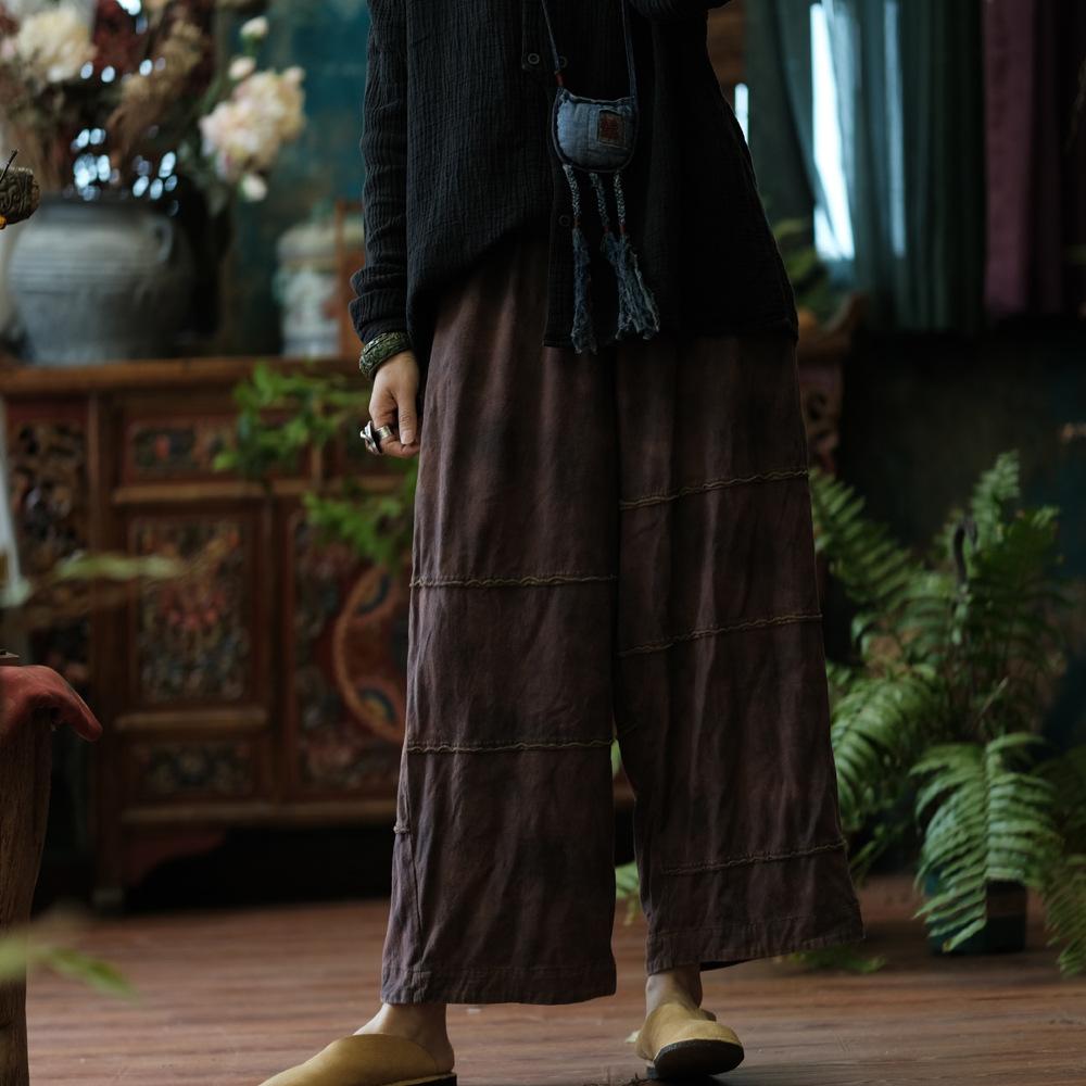 

Johnature Женские винтажные широкие брюки с эластичной талией Свободные осенние мягкие брюки в китайском стиле Женские брюки One Size коричневый