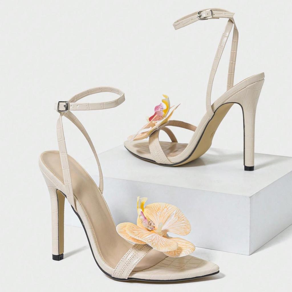 Women's pointed three-dimensional flower stiletto sandals women's shoes gorgeous party apricot high heels
