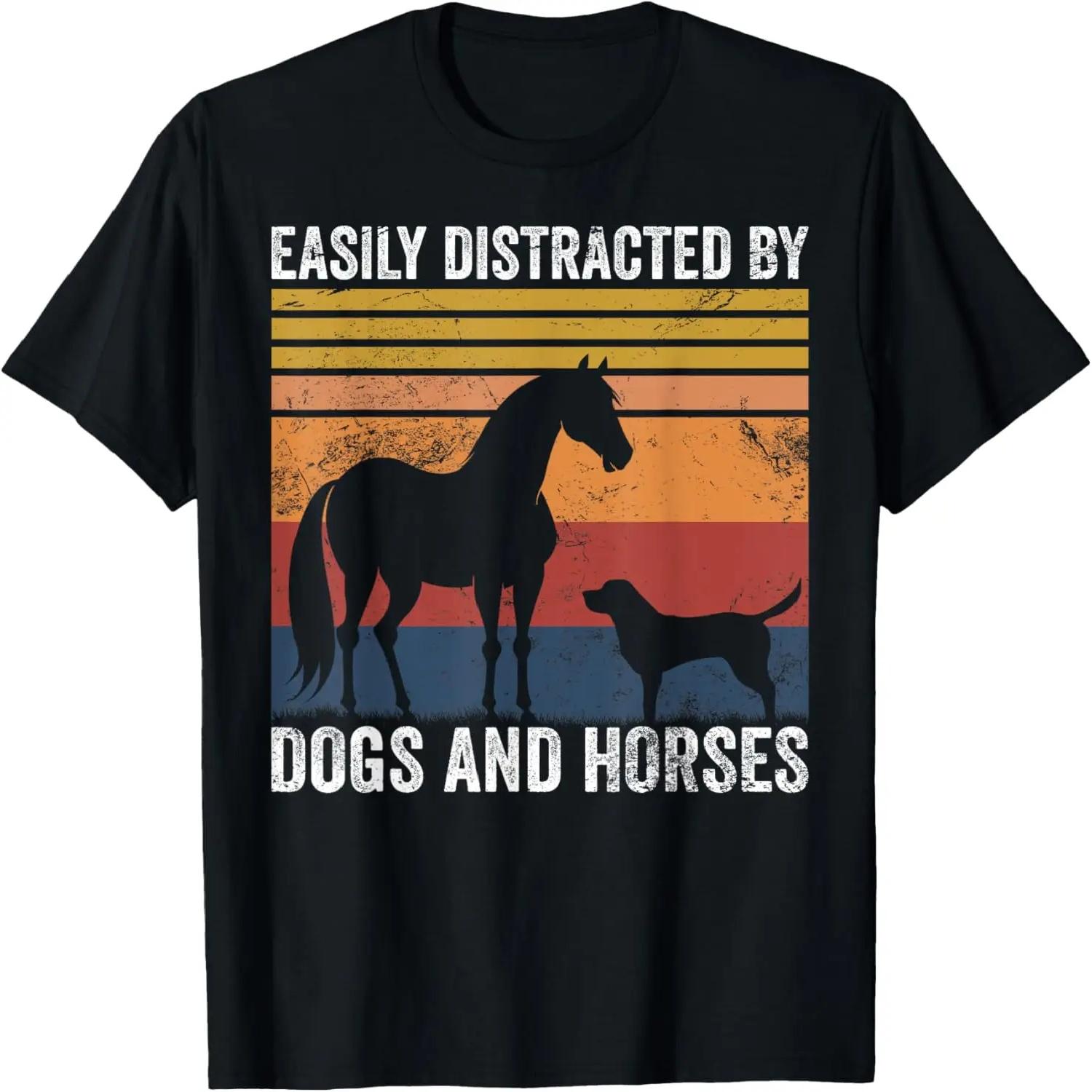 Vintage Easily Distracted by Horses and Dogs Horse Lovers T-Shirt S