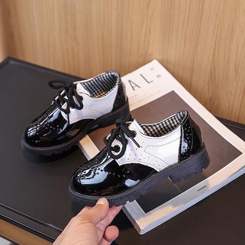 Boys Black British Round Toe Leather Shoes Student Wedding Pageant Performance Dress Shoes