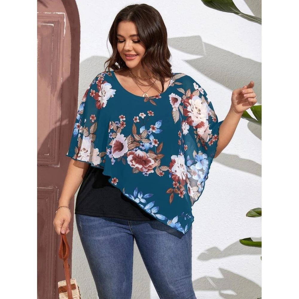 Plus Size Women's Chiffon Shawl Fake Two Piece T-Shirt