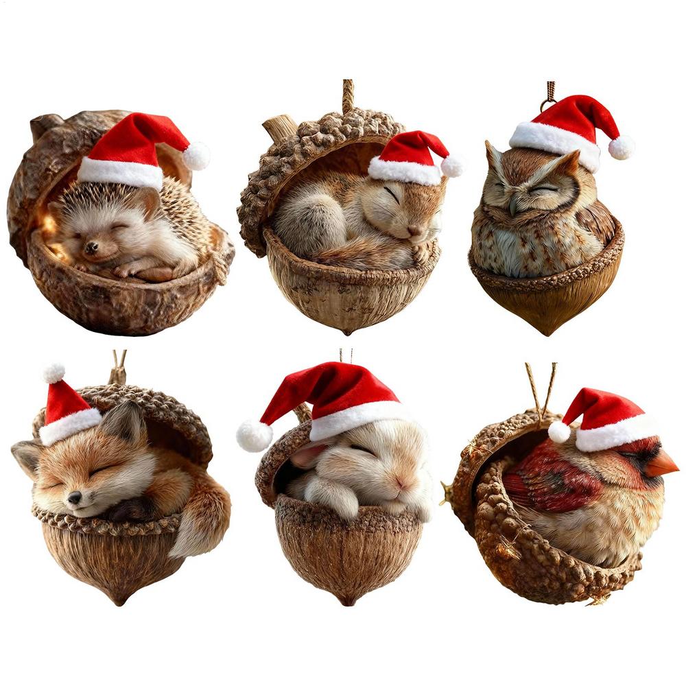 Schattige Dierentjes in Eikel Kersthangers Kerstdecoraties 2D Acryl Kerstdier Hangertjes Vosjes/konijntjes/uil/vogel/eekhoorn/egel