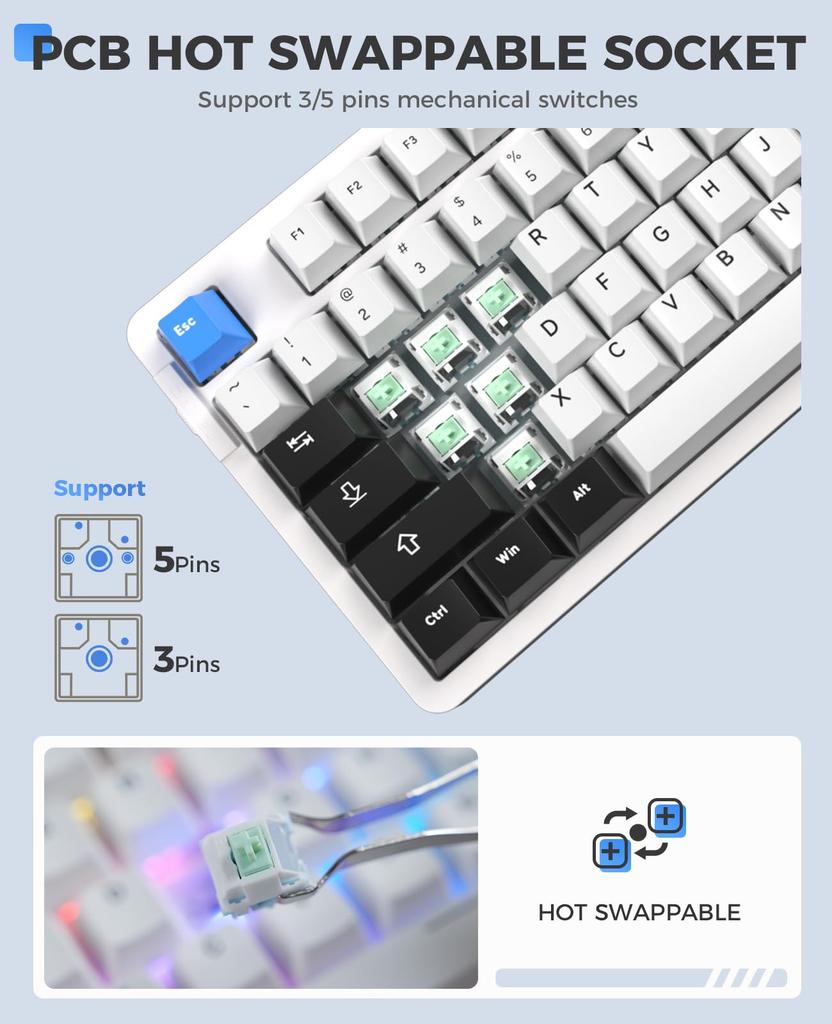 DAREU EK87PRO Mechanical Gaming TKL USB English Gasket Cloud Switches Red Keyboard, Wireless, Tenkeyless, 80% Keyboard, 2.4G Wireless/Bluetooth/Wired