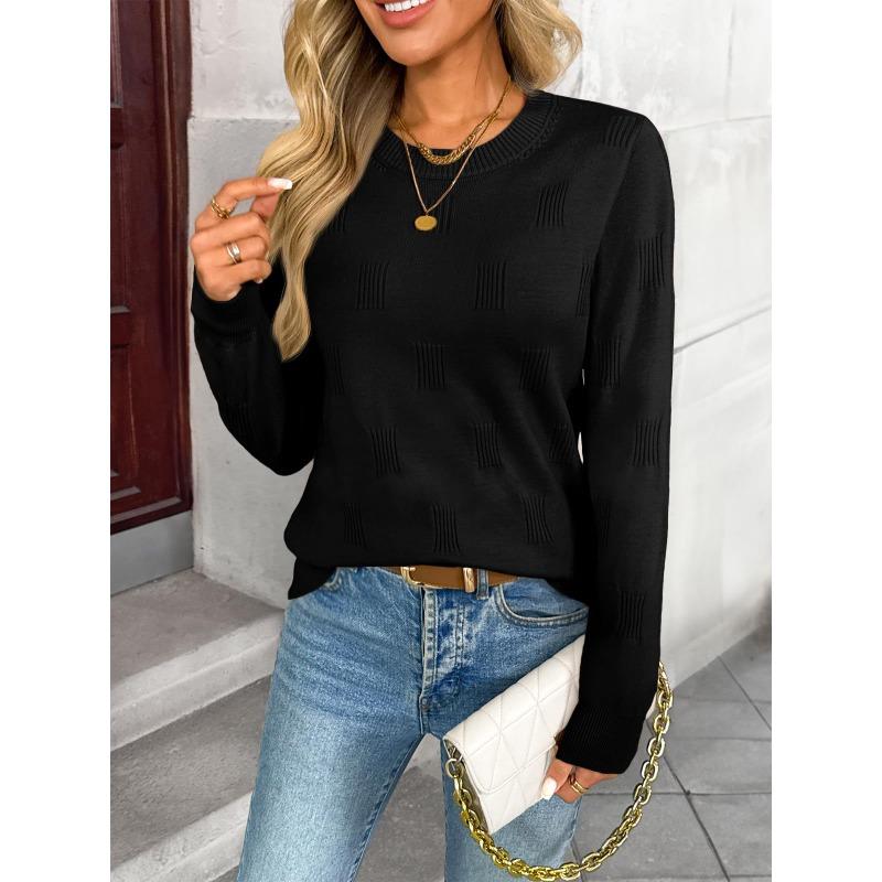 Women S Casual Knitted Pullover Sweater Round Neck Long Sleeve Solid Color