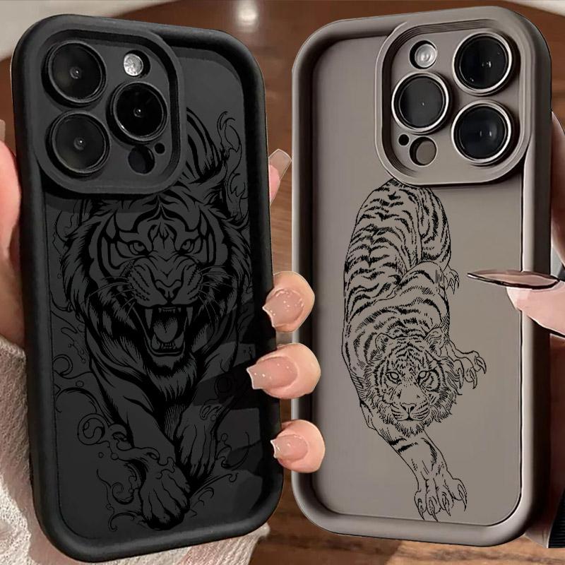 Tiger Black Line Art Soft Silicone Case 17PM For iPhone 17 11 15 16 13 Pro Max 14 Plus 12 16Pro 16E 17AIR Shockproof Phone Cover