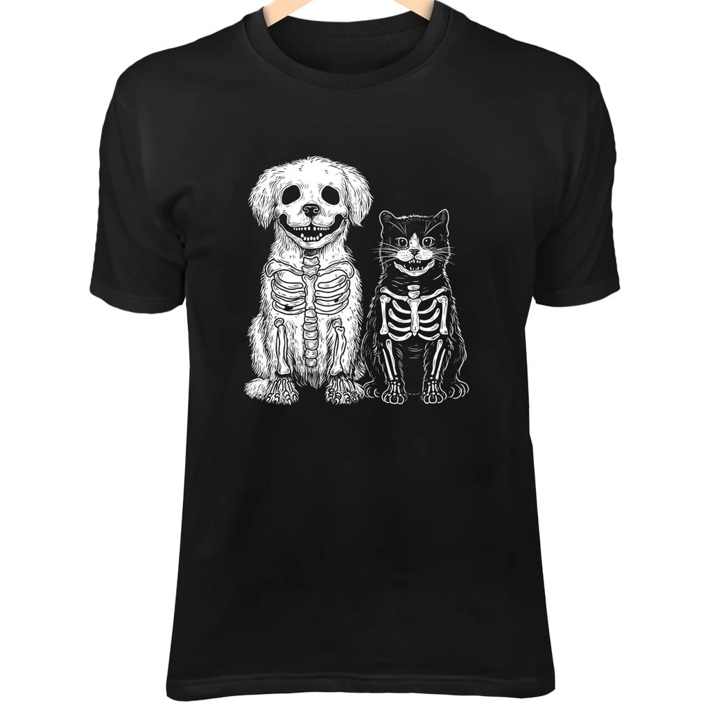 Halloween Skeleton Dog & Cat Line Art - Cute Minimalist Spooky Kawaii Cartoon