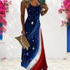 Women Plus Size Navy Blue Red Printed Scoop Neck Strappy Sleeveless A Line Long Dress