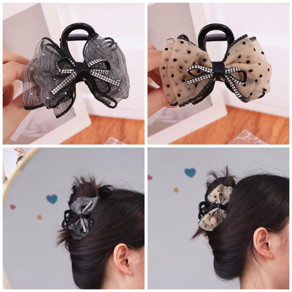 Grab Clip Bow Claw Clip Korean Style Rhinestone Shark Clip Sweet Mesh Bow Hair Claw  Ladies