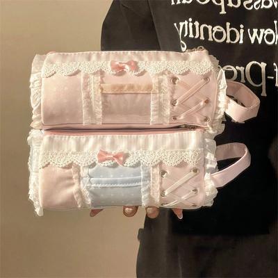 Light Blue Patchwork Lace Handheld Pencil Case: Stylish, Large-Capacity, Cute Stationery Waterproof Storage Bag for Students