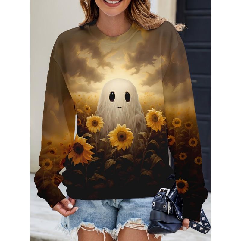 Womens Casual Hoodie With 3D Halloween Print Round Neck Lightweight Breathable Fabric