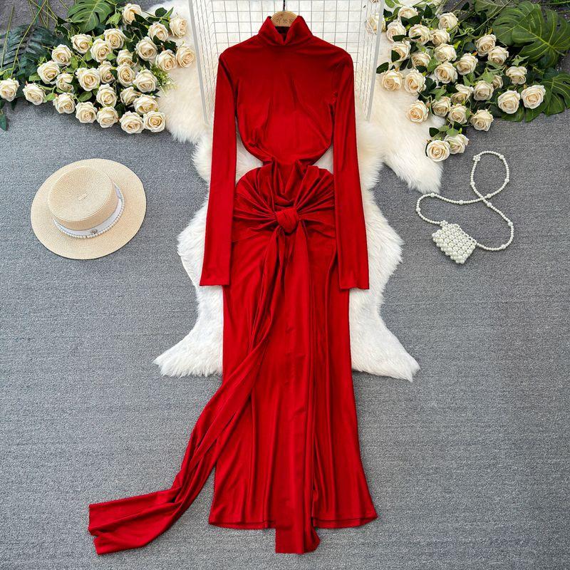 

Весенне-осенняя модная элегантная блузка с длинными рукавами и воротником-стойкой Red L