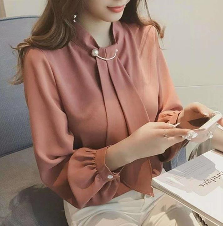 

Блузка из шифона с вязаным кольцом-пряжкой и рукавами-фонариками в корейском стиле - Женский пуловер с длинными рукавами M