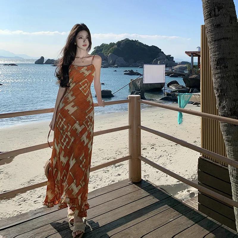 Strap Vintage Beach Sundress Women Sleeveless Ruffles Irregular Chiffon French Style Plaid Print Bohemian Long Dress