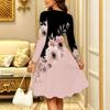 Women Long Sleeve Round Neck Midi Dress Boho Paisley Dot Floral Print Flared Casual Dress