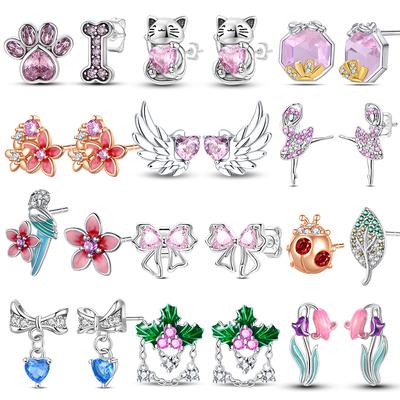Boucles d'oreilles Série Printemps Mode Pour Femmes Couleur Argent 925 Papillon Libellule Fleur Cœur Clous d'oreilles Bijoux Fins Couple