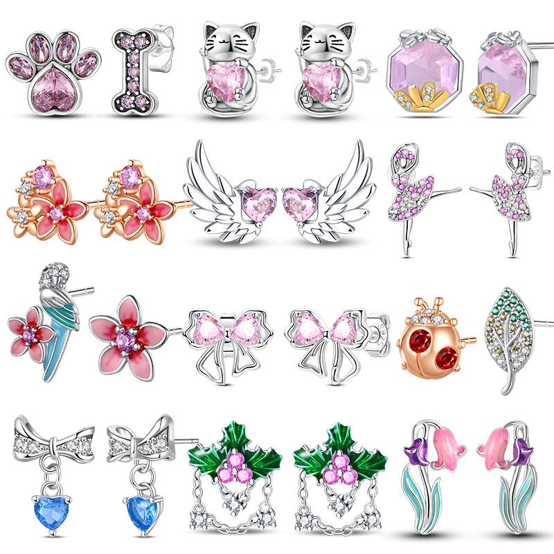 Fashion Spring Series Earrings For Women 925 Silver Color Butterfly Dragonfly Flower Heart Shaped Ear Studs Fine Jewelry Couple