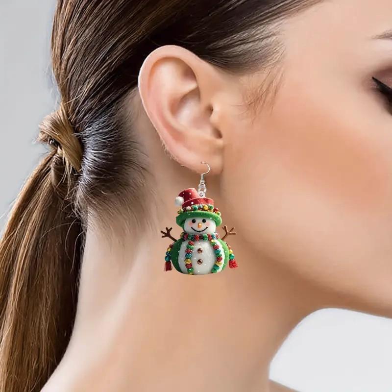 Christmas Themed Snowman Pattern Women Acrylic Earrings For Women And Girls