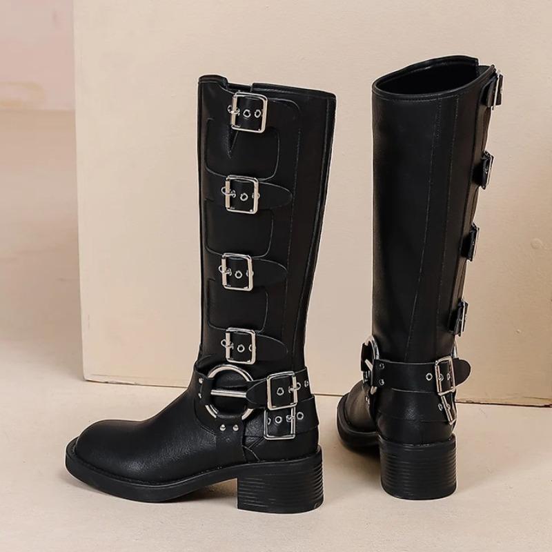 2025 Autumn New Fashion Women Cowboy Boots Belt Buckle Women Knight Boots British Style Women Chunky Heel Long Boots Botas Mujer