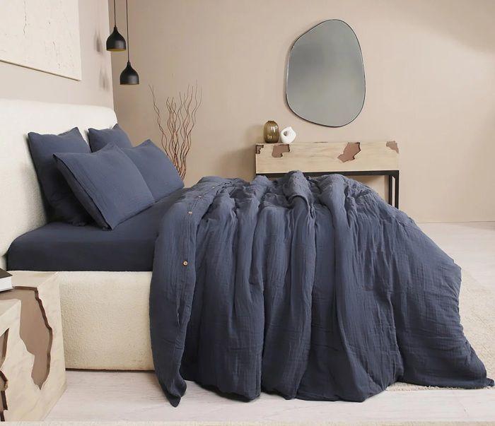 Housse De Couette + Taies - Douce Bleu Pétrole - 220 X 240 Cm - 100% Gaze De Coton - Oeko-Tex®