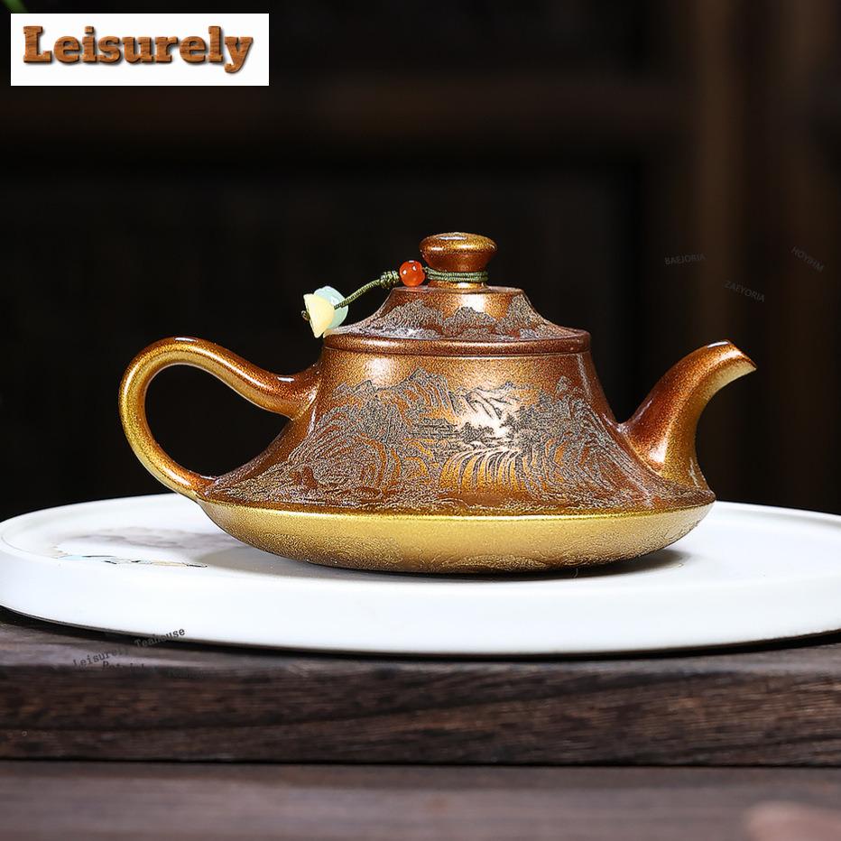 HOYIHM 111ml Luxury Yixing Purple Clay Teapots Handmade Cloud Furnace Pot Raw Ore Golden Sand Dragon Bone Mud Kettle Zisha Tea