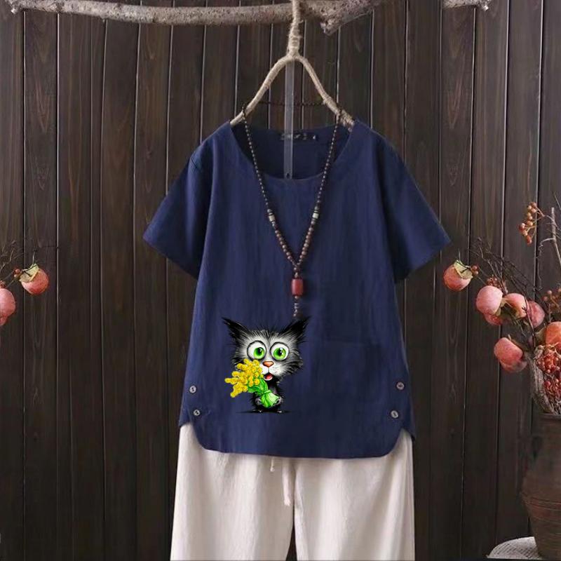 

Женская мода с принтом в виде кошачьих цветов, летняя повседневная свободная футболка с коротким рукавом, летняя блузка, топы 4XL темно-синий