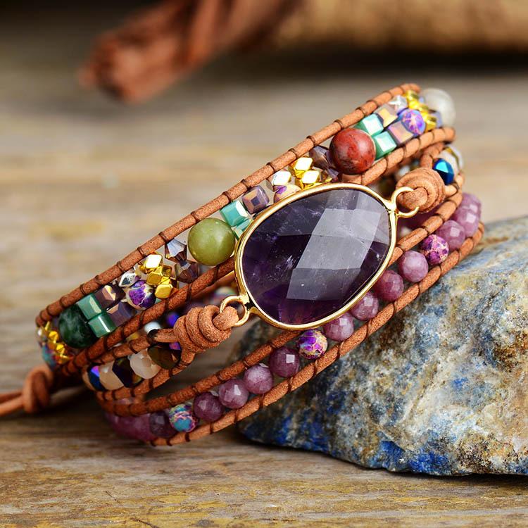 BLINGBAY Women's Bracelet Popular Jewelry Amethyst Bracelet Good Luck Friendship Hand Woven Cow Leather Bracelet Modern Jewelry Gift