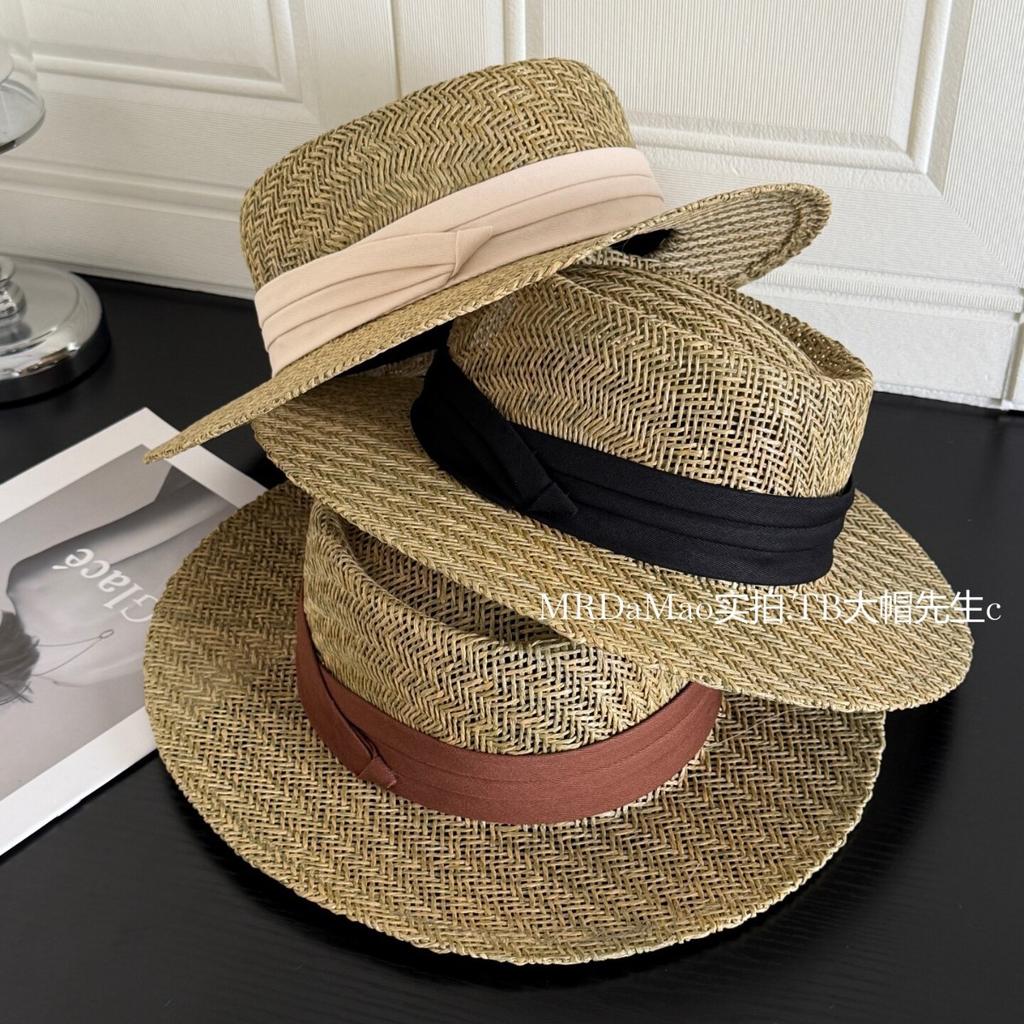 Seaside vacation style flat top straw hat women's summer French elegant beach hat sunshade sun protection hat straw top hat
