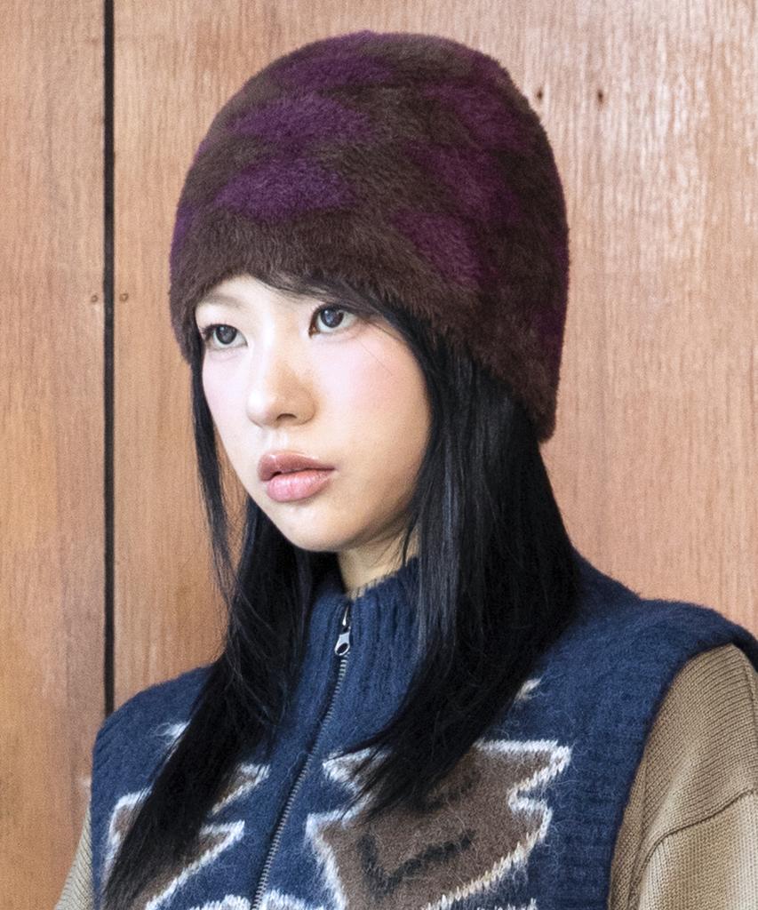 GLACK Gc076 Diamond Checker Hairy Knit Beanie (Brown)