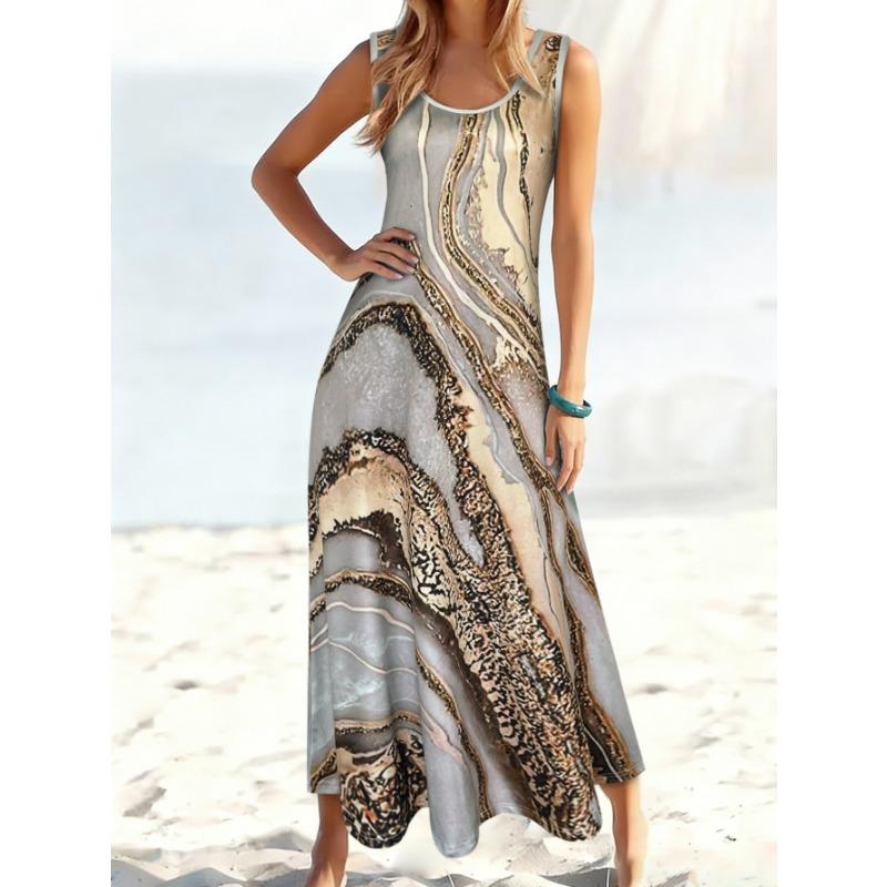 Women Sleeveless Dress Round Neck with 3D Print Long Maxi Dress for Summer Beach Vacation Casual Wear