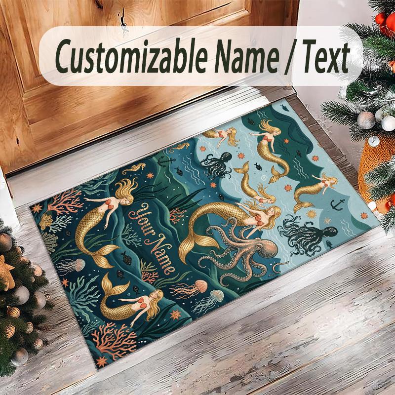 Mermaid Theme Crystal Velvet Floor Rug Personalized Custom Name Text Warm Carpet Home Decoration