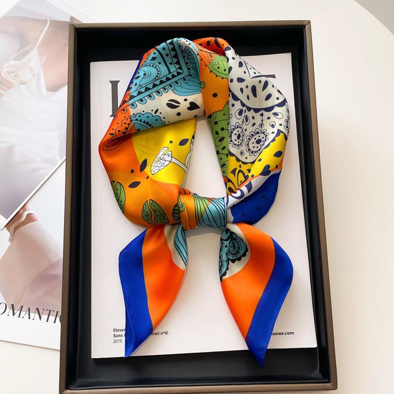 Luxury Black White Print Silk Square Scarf Women Soft Satin Hairband Neckerchief Office Hijab Headband Foulard Bag Ribbons Gift