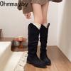 Autumn Winter Vintage Stretch Slim Woman Knee High Boots Shoes Fashion Low Heel Shoes Ladies Pleated Modern Long Botas