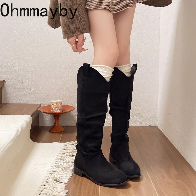 Autumn Winter Vintage Stretch Slim Woman Knee High Boots Shoes Fashion Low Heel Shoes Ladies Pleated Modern Long Botas
