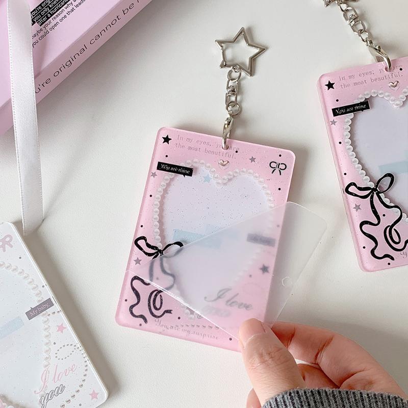 Cute Heart Bow Photocard Holder with Star Keychain Lace Frame Transparent ID Card Protector for Teen Girls Gift Card Display